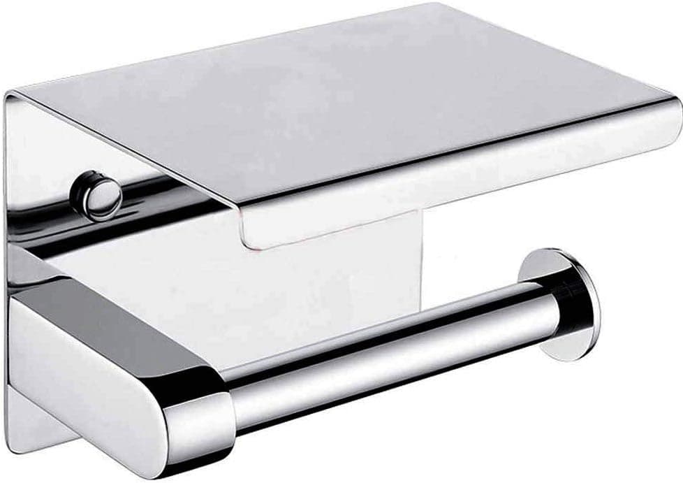 Songtec Toilet Paper Holder with Shelf, Easy Stick On Tissue Roll Holder with 3M Adhesive, Holds Mega Roll, No Drilling or Wall Mounted Stainless Steel Tissue Roll Holder - Polished Chrome