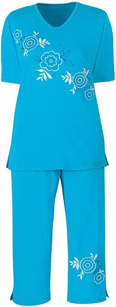 AmeriMark Diagonal Floral Embroidered Knit Capri Top and Pant Set for Women Turquoise 2X