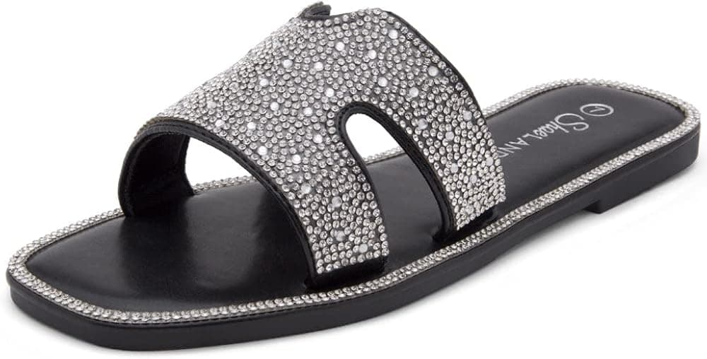 Herstyle Showstopper Women’s Rhinestone Flat Sandals Open Toe Glitter Slides Slip on Shoes