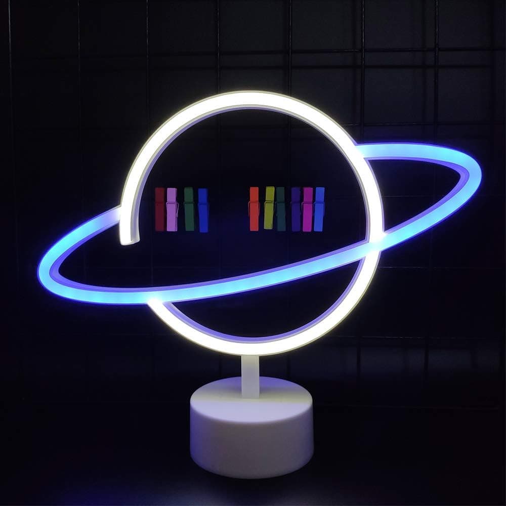 ENUOLI Planet Neon Signs LED Neon Light Sign with Holder Base Planet Decorative Lamps Neon Night Lamp Planet Decor Lights for Family Party Supplies Wedding Bedside Table Decorations (White&Blue)