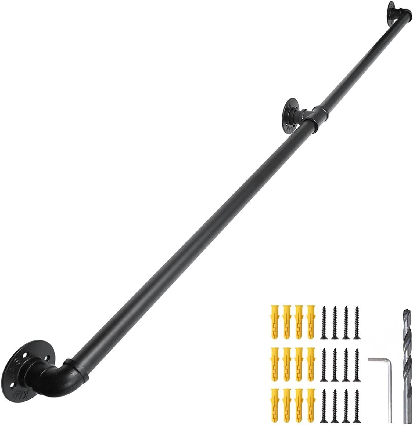 SCIEO 6.6FT Staircase Handrail with 3 Wall Mount Support Industrial Loft Round Corner Pipe Banister Metal Galvanized Steel Grab Bar Hand Railing Indoor Outdoor Deck Hand Rail, Black