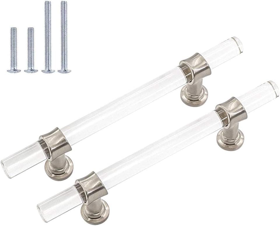 homidy Brushed Nickel Cabinet Handles Clear Drawer Pulls - HD9165SNB Round Drawer Pulls Modern Cabinet Handles 5 Pack 3-3/4in Hole Centers Furniture Hardware