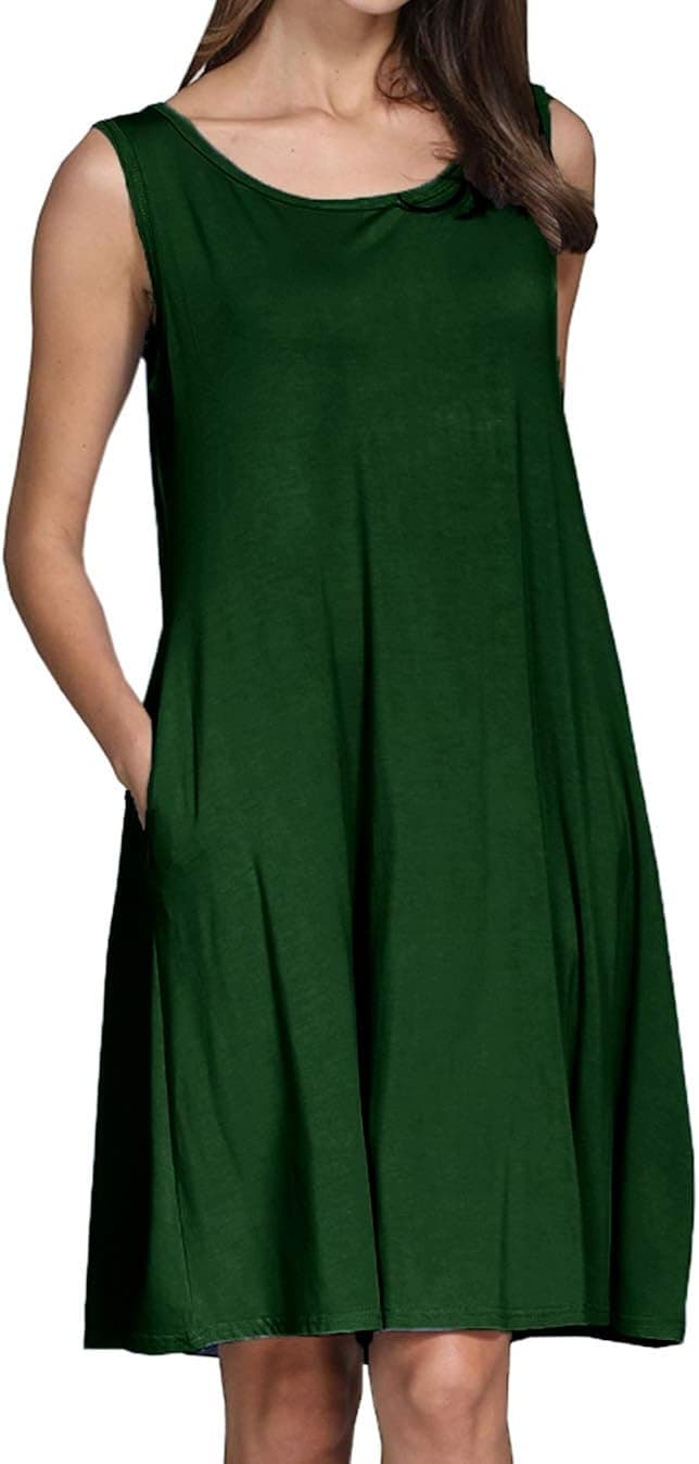 lymanchi Women Swing Dress with Pockets Loose Casual Sleeveless Tunic Mini Dress Dark Green S