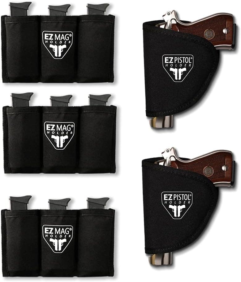 EZ Magazine Holder, Adhesive Magazine Pouch Organizer for Gun Safe, Car, Desk, Door - Pistol Clip Protection with Nylon Interior, Ammunition Single/Double Stack 9mm 10mm .40 .45