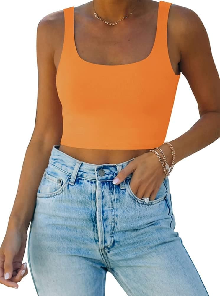 REORIA Women’s Sexy Square Neck Double Lined Seamless Sleeveless Cropped Tank Yoga Crop Tops