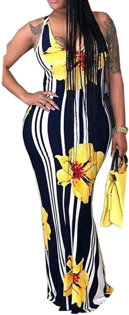 Women Floral Print Sleeveless Casual Striped Maxi Long Summer Beach Party Dress Sundress