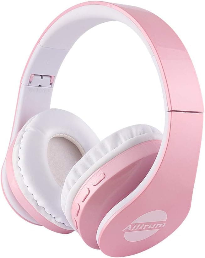 Alltrum Over-Ear Headphones,Hi-Fi Stereo Headset,Adjustable Headsets for Traveling/Sports/Relaxation,Foldable Headphones with Microphone and Music Playback for most of Smartphones, pink and white