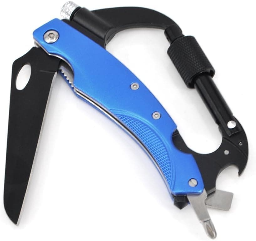 Stainless Climbing Carabiner, 8-in-1 Multi-functional D Ring Locking Carabiner Hook Climbing Gear with knife LED light Screwdriver Glass Breaker Bottle Opener and Side Lock Plate