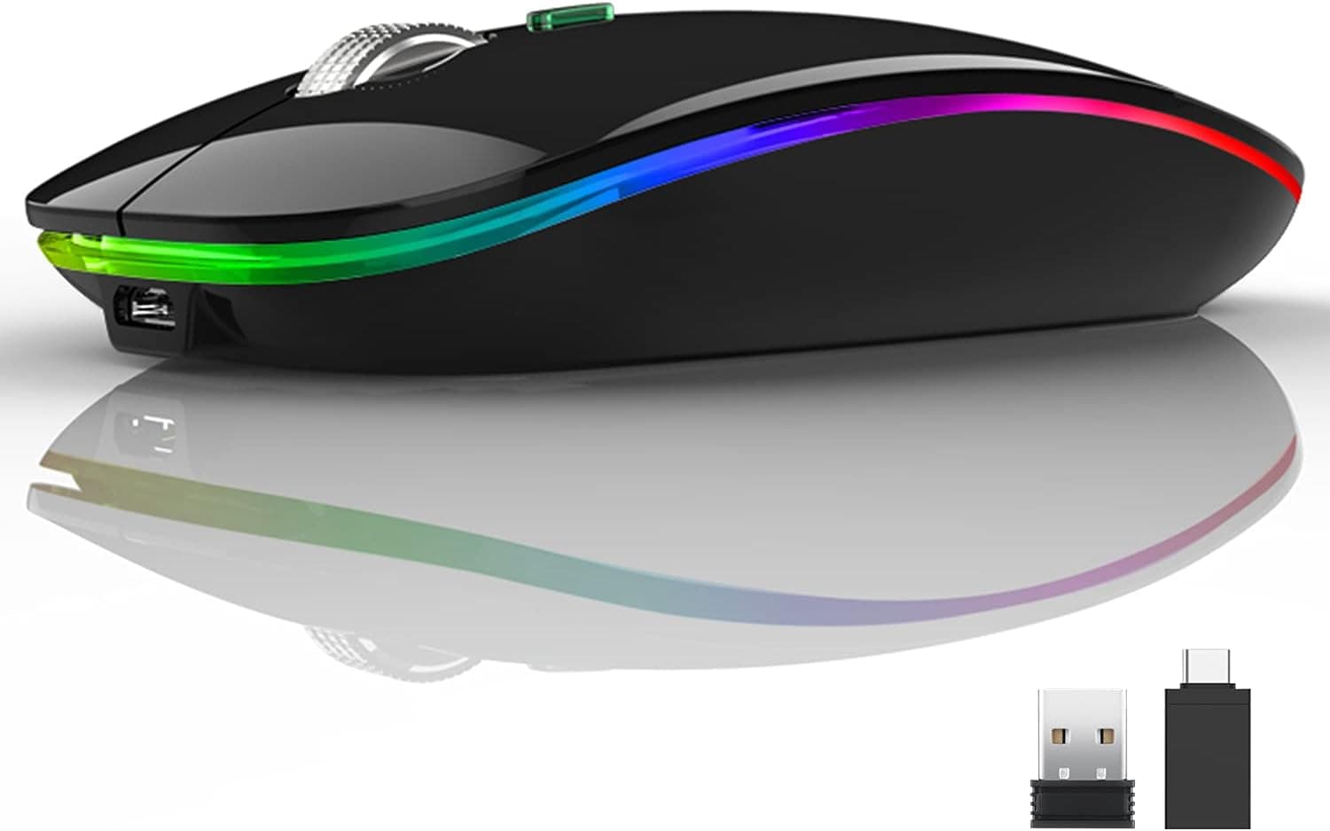 Q12 LED Wireless Computer Mouse, 2.4G Slim Rechargeable Wireless Mouse with USB Receiver and Type C Adapter, Silent Optical LED Wireless Mice for Laptop, PC, Desktop (Black)