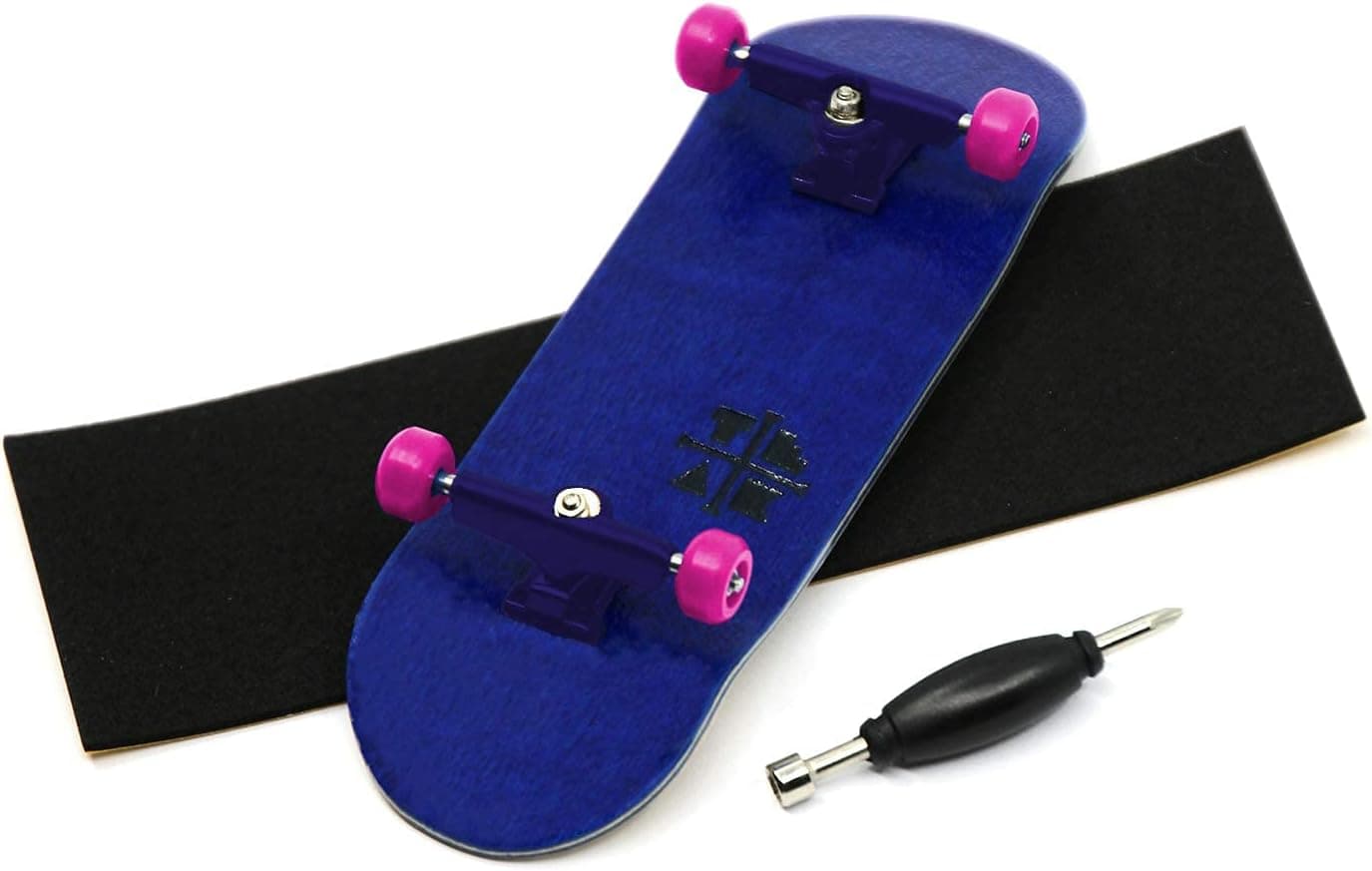 Teak Tuning Prolific Complete Fingerboard with Upgraded Components - Pro Board Shape and Size, Bearing Wheels, and Trucks - 32mm x 97mm Handmade Wooden Board - Blue & Pink Edition