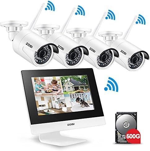 ZOSI 4CH All-in-One 960P WiFi NVR with 10” LCD Monitor Wireless Security Camera System with 4 Waterproof Indoor Outdoor 100ft Night Vision Video Surveillance Camera Plug and Play 500G Hard Drive