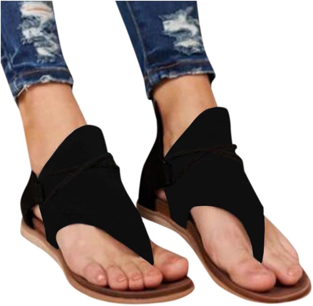 FABIURT Sandals for Women Roman Sandals Slip-On Ankle Strap Flip Flop Open Toe Casual Summer Beach Gladiator Flat Sandal