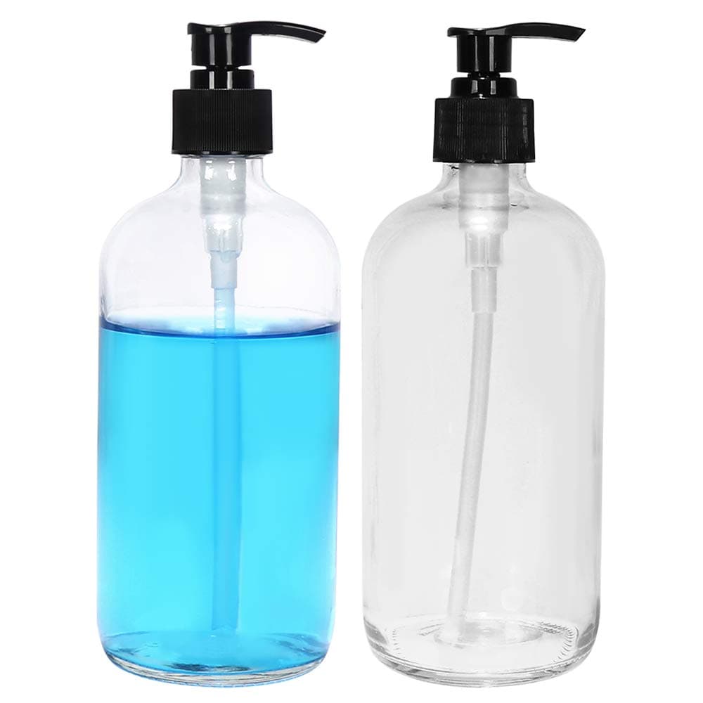 16 oz Clear Glass Boston Bottles with Pumps,Set of 2,Refillable Glass Pump Bottles for Essential Oils, Bath, Shampoo, Lotion & Cleaning Products.Include 2 Durable Caps & 4 Chalk Labels.