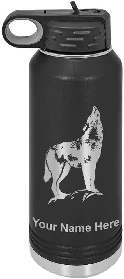 LaserGram 32oz Double Wall Flip Top Water Bottle With Straw, Howling Wolf, Personalized Engraving Included (Black)
