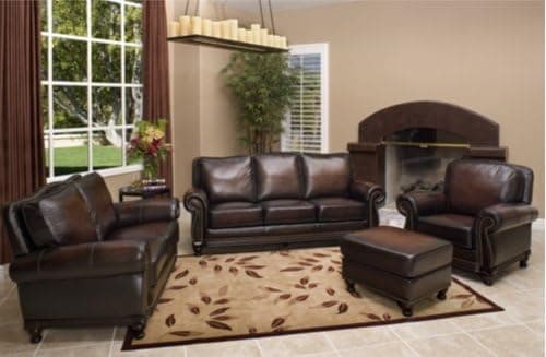 Abbyson Venezia 4 Piece Brown Leather Sofa Set Hand Rubbed Top Grain Leather Nail Head Trim Sofa, Loveseat, Chair & Ottoman