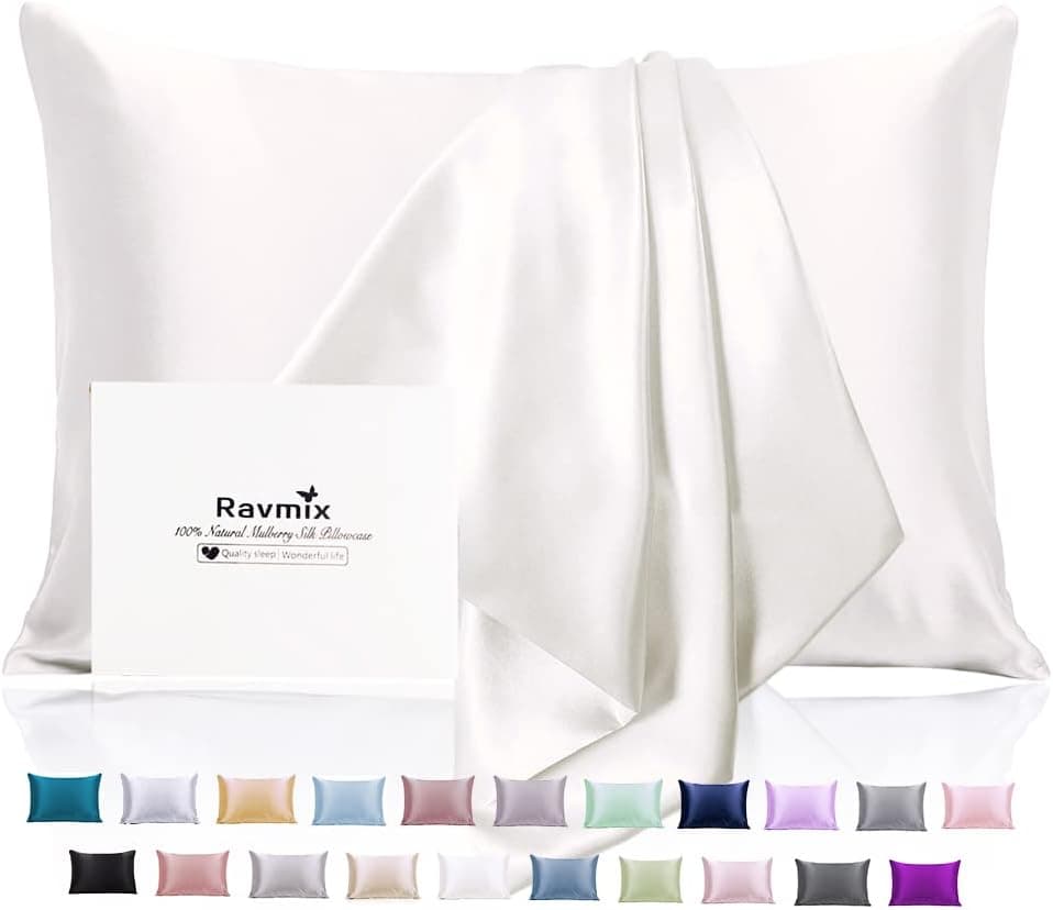 Ravmix Silk Pillowcase for Hair and Skin 21 Momme with Hidden Zipper, Both Sides Silk, 1PCS, Standard Size 20×26 inches, Undyed Ivory White
