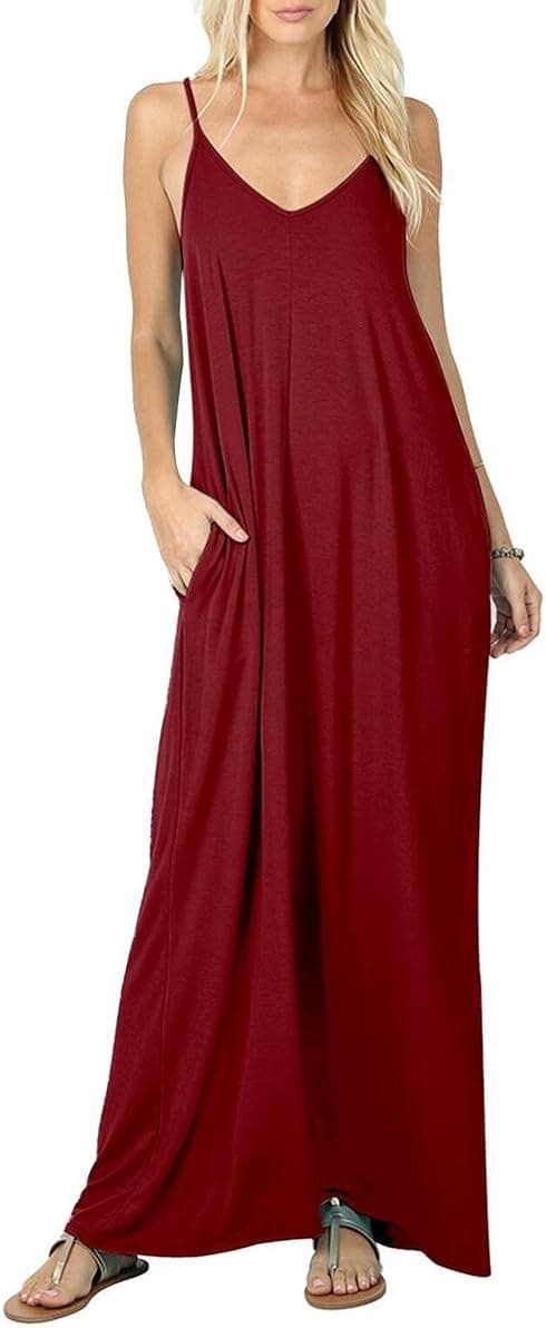 Iandroiy Women's Summer Casual Plain Flowy Swimwear Cover Up Loose Beach Cami Maxi Dresses with Pockets