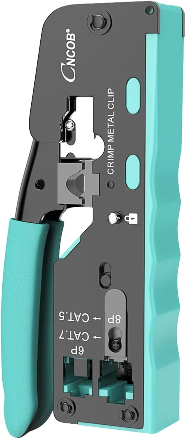 RJ45 Pass Through Crimping Tool, CNCOB Connectors Crimper Cutter Stripper, Strip Crimp Tool for Cat7 Cat8 Cat6 Cat5 8P8C Modular Ends, RJ11 RJ12 Connector
