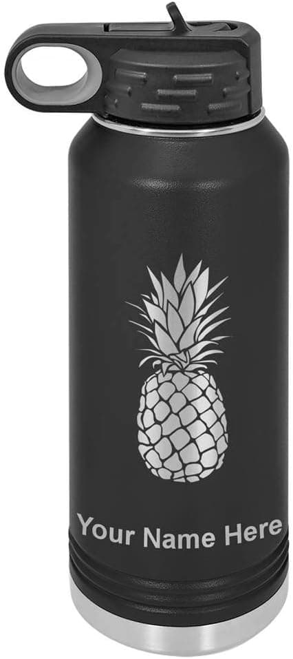 LaserGram 32oz Double Wall Flip Top Water Bottle With Straw, Pineapple, Personalized Engraving Included (Black)