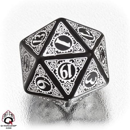Q WORKSHOP 1 (One) Single d20 Carved Steampunk Twenty Sided Dice / Die (Black / White)