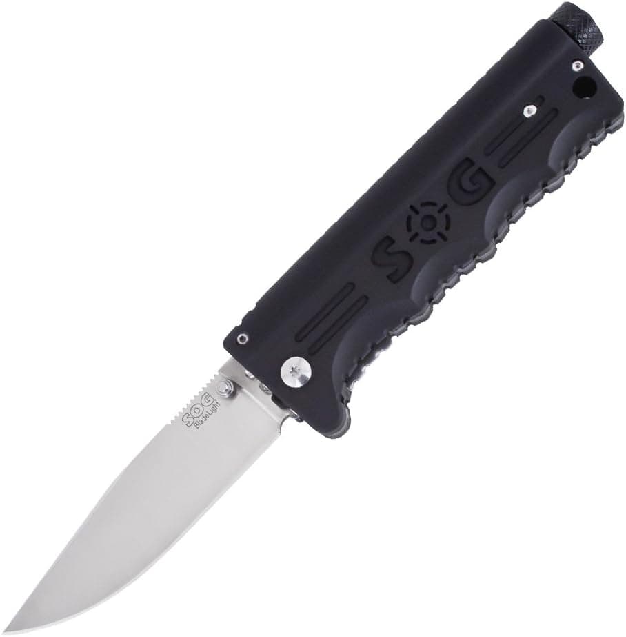 SOG Specialty Knives and Tools BLT52N-CP BladeLight Folder Knife with Straight Edge 3.9-Inch Folding Steel Blade and Green LED Light, Satin Finish