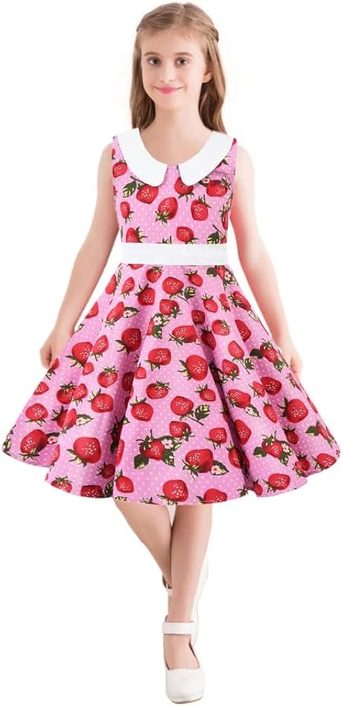 3-12Y Vintage Polka Dot Swing Girls Dresses Audrey Print Sleeveless Dress with Peter Pan Collar