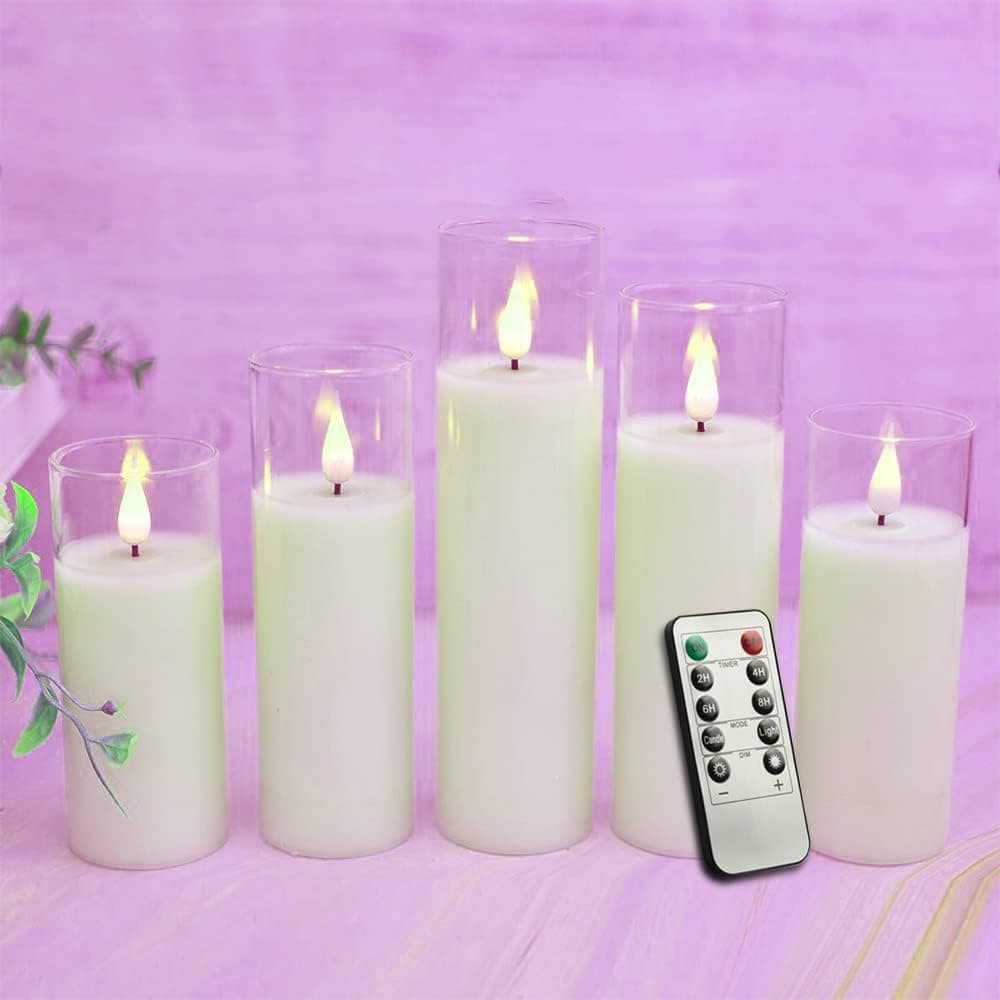 NICEME 5PCS Clear Glass LED Flameless Candles with Remote Timer, Flickering Battery Operated Pillar Candles Teardrop Flame Black Wick Romantic Real Wax Electric Votive Candles for Halloween Christmas