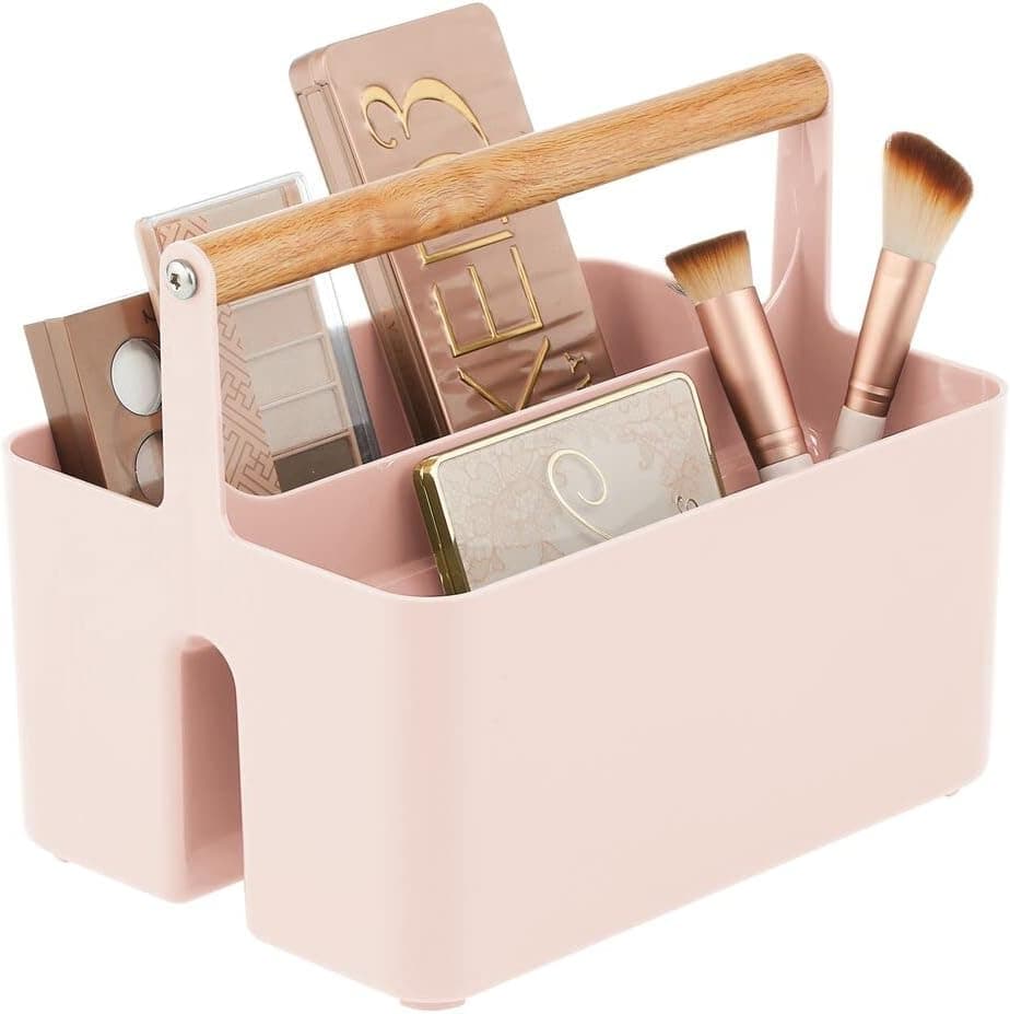mDesign Plastic Divided Cosmetic Organizer Caddy Tote Bin with Bamboo Handle for Bathroom Vanity - Holds Blush, Makeup Brushes, Palettes, Lipstick, Nail Polish - Aura Collection - Light Pink/Natural