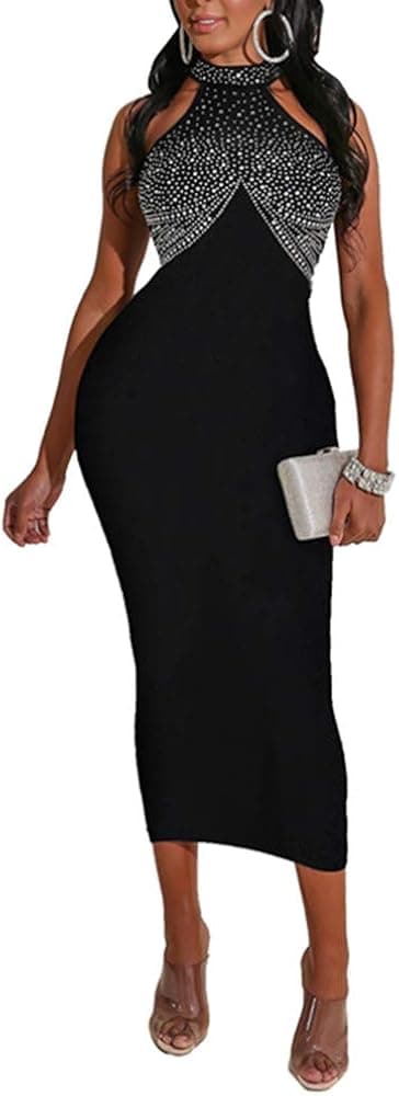 Xuan2Xuan3 Women Summer Dresses Halter Neck Sleeveless Rhinestone Bodycon Party Bandage Gown Long Evening Dress Black