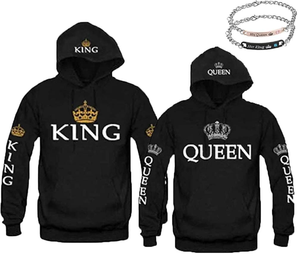 Forlove365 King Queen Hoodies Couple Matching Sweatshirts His & Her Sweaters with Bracelets