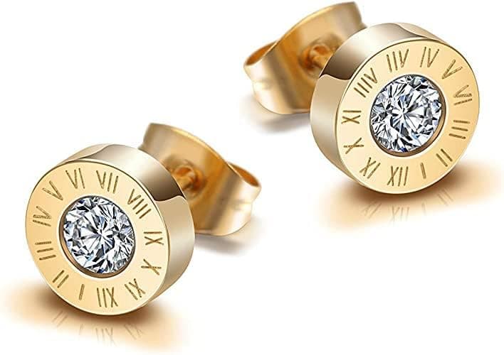 Womens Stainless Steel Circle Round Stud Earrings Silver/Gold/Rose Gold Roman Numeral Earrings