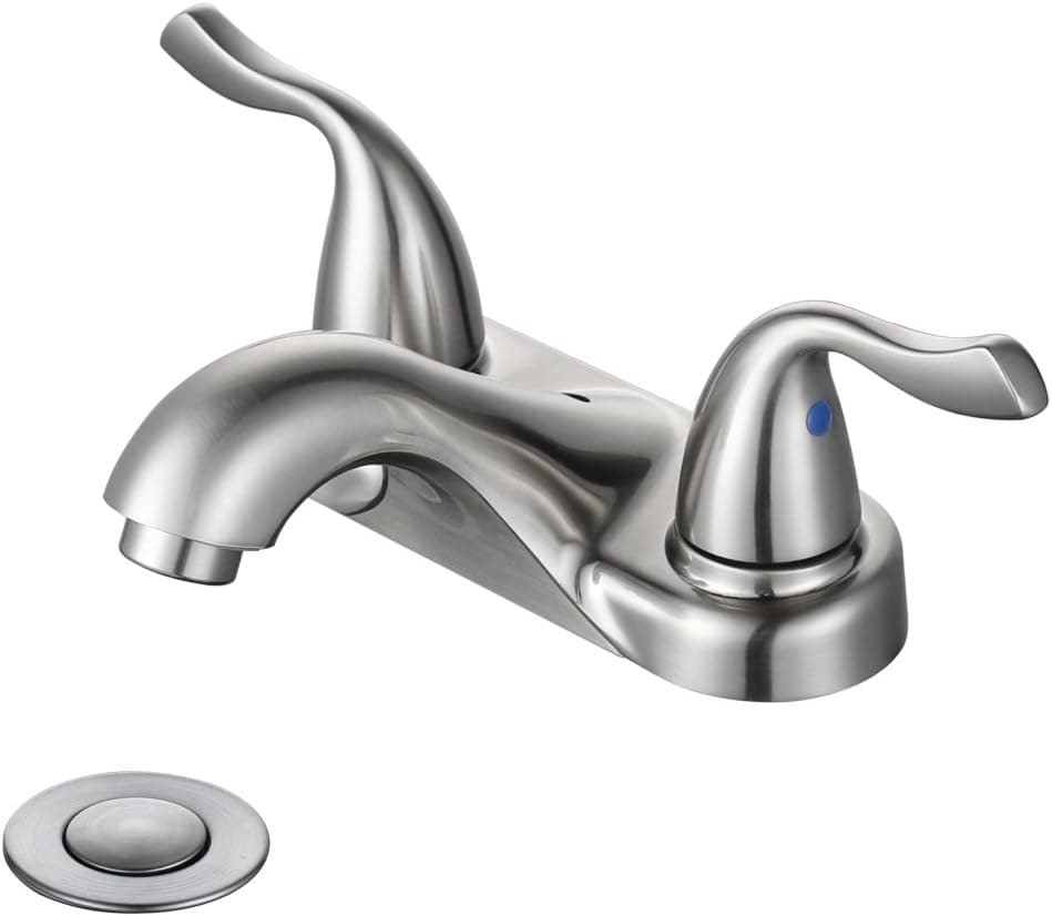 DESFAU 4 Inch Centerset Bathroom Faucet Brushed Nickel, Two Handle Bathroom Faucet, 3 Hole Sink Faucet Bathroom with Metal Pop-Up Drain Stopper Assembly