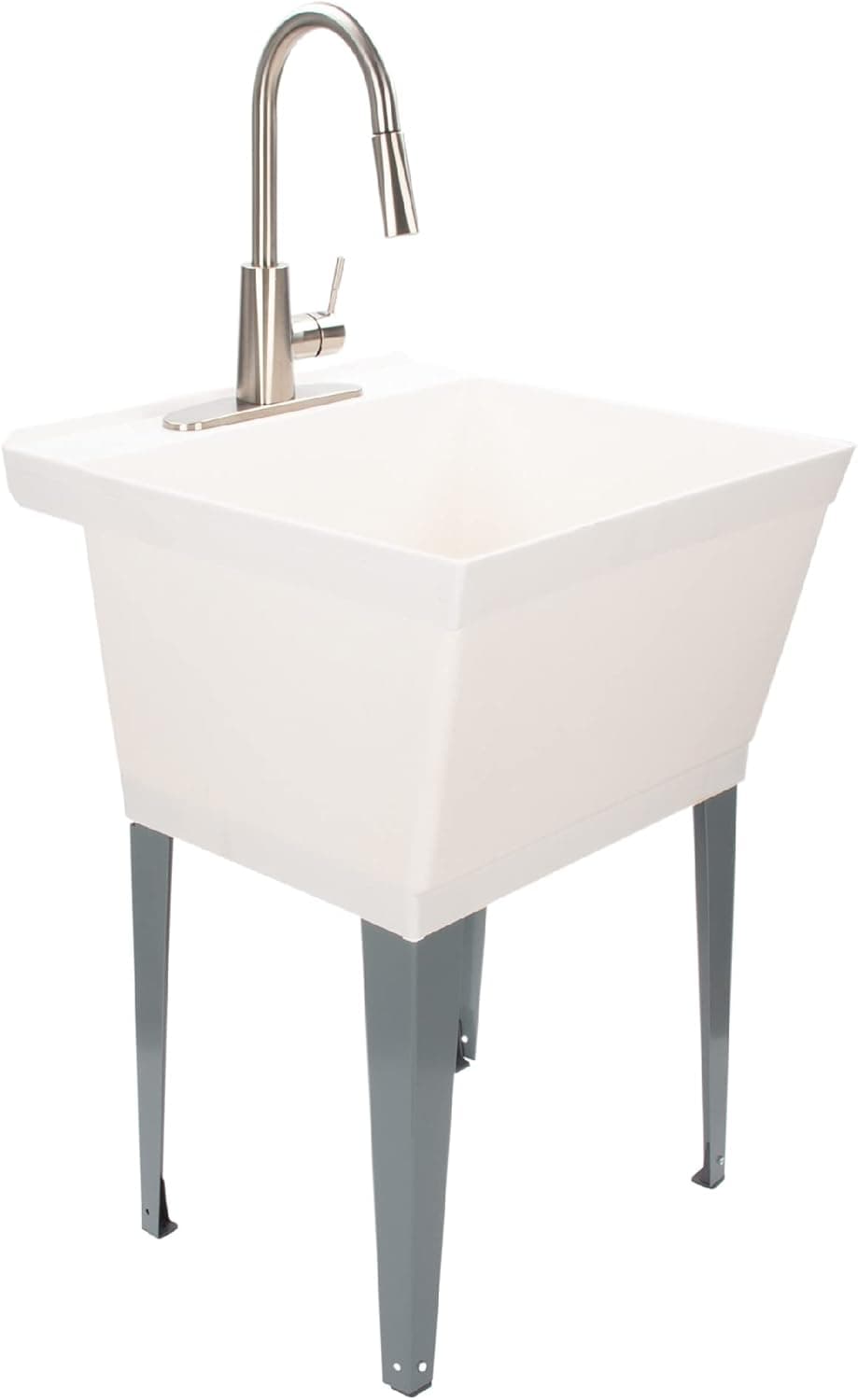 JS Jackson Supplies White Utility Sink Laundry Tub with High Arc Stainless Steel Faucet, Pull Down Sprayer Spout, Heavy Duty Slop Sinks for Basement, Garage, or Shop Free Standing Wash Station