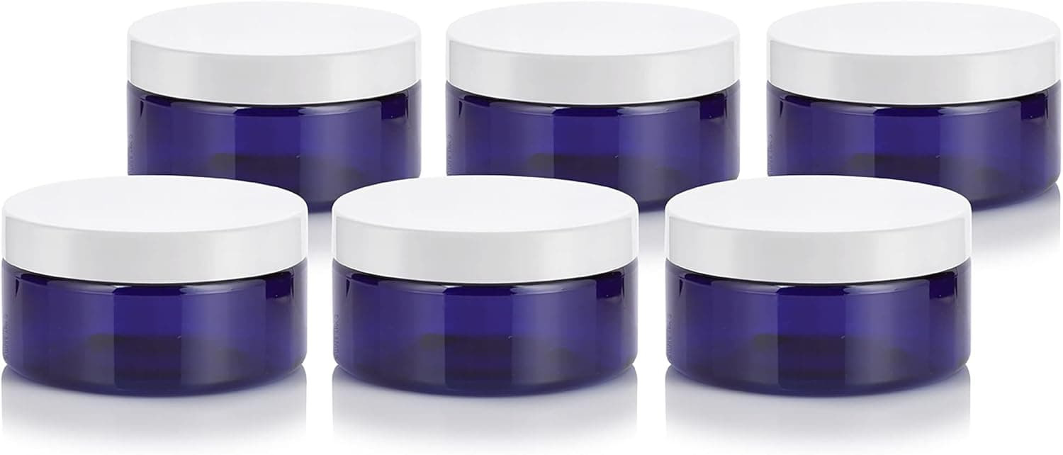 JUVITUS Cobalt Blue PET Plastic (BPA Free) Refillable Low Profile Jar - 8 oz (White Lid) (6 pack)