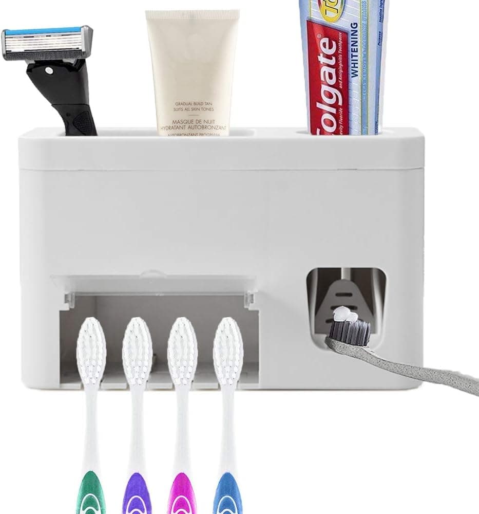 Houvillage Toothpaste Dispenser Toothbrush Holder Set, Toothpaste Squeezer Tooth Brush Holder Set Holder with Anti-dust Cover, 3-in-1 Wall Mounted Holders with 1 Storage Grids Bathroom Accessories