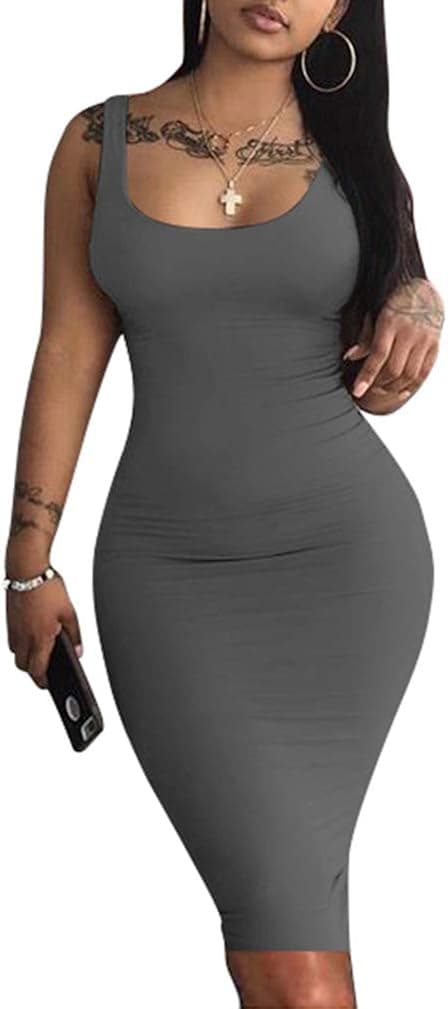 LAGSHIAN Women's Sexy Bodycon Tank Dress Sleeveless Basic Midi Club Dresses