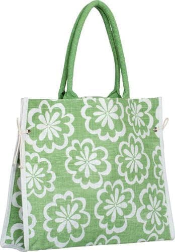 Eco-friendly Burlap Bag brightly Green color printed Bags with Side Tie closure with Cotton Webbed handles and 18”W X 14” X 5” gusset - Holiday Clearance Sale