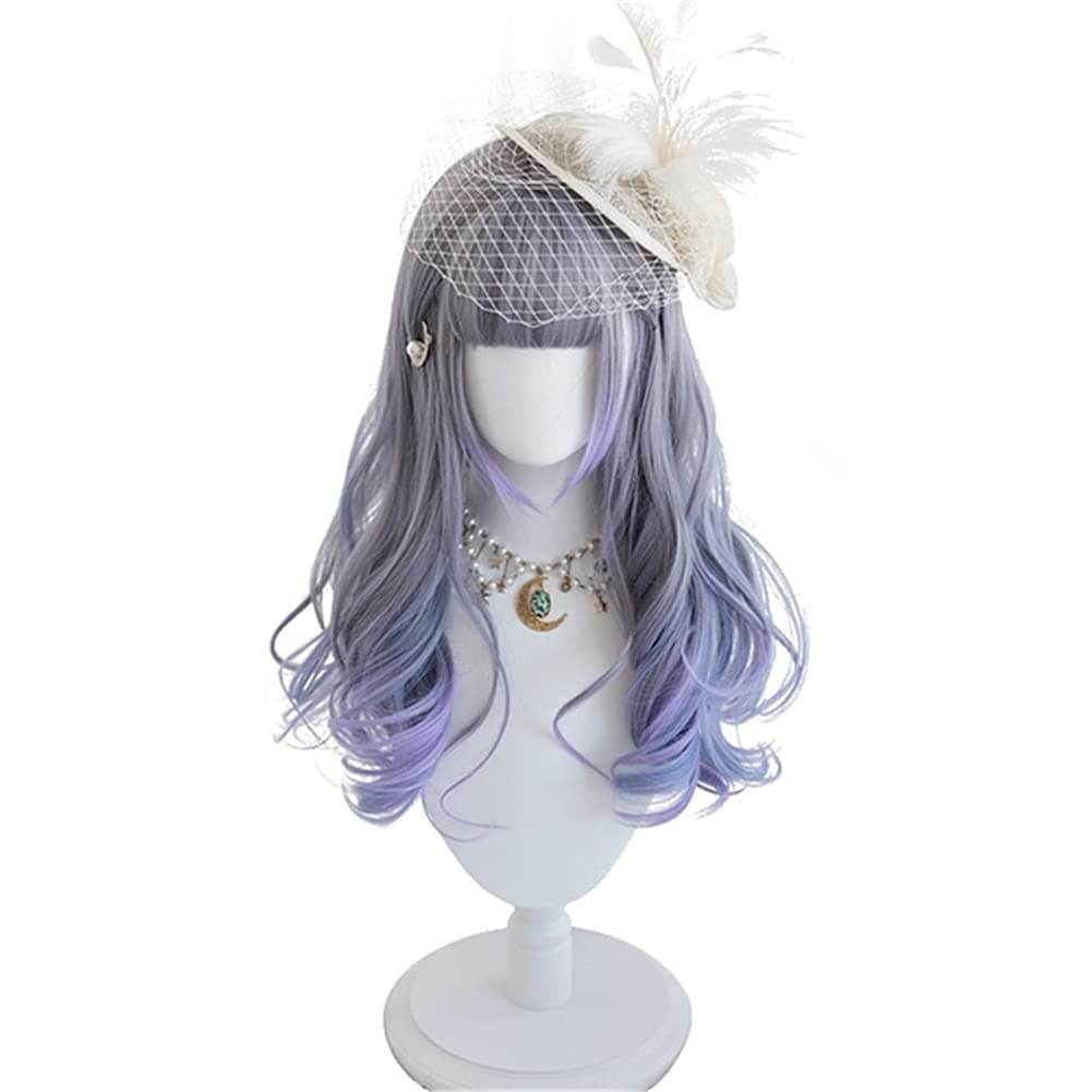 KONNIQIWA Lolita Wig Long Wave Gray Blue Purple Mixed Cute Wig for Women Girls