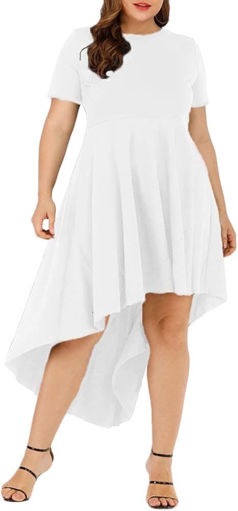 Agmibrelr Women's Plus Size Dress Ruffle High Low Asymmetrical Short Sleeve Cocktail Party Shirt Dress