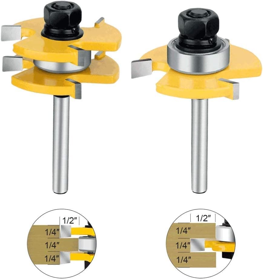 2Pcs Tongue and Groove Set, Router Bit Set 3 Teeth T Shape Wood Door Flooring, 1/4 Shank Wood Milling Cutter Woodworking Tool