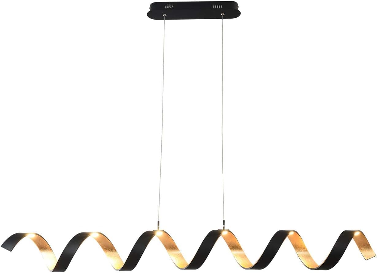Sung Nox Spiral Island Pendant Dining Room Chandelier Linear COB LED Lighting Fixture, 4000K Colour Temperature, Matte Black and Gold Leaf Two Tone Accents. (Large L51.57")