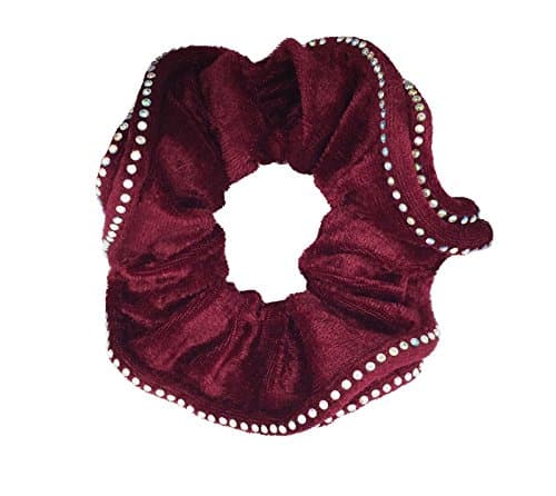 NTL #600 Burgundy Velvet Rhinestone Hair Scrunchies (Regular) Tie Band Ponytail Holder, Hair Scrunchy (Pack of 2)