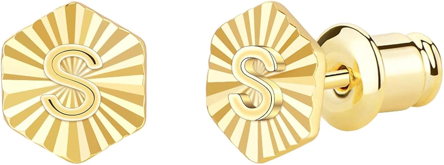 Howoo Gold Stud Earrings for Women Girls Initial Small Hexagon Stud Earrings for Men Gift 14K Gold Plated Letter A-Z Hypoallergenic