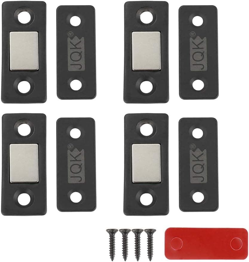 JQK Cabinet Door Magnets Black, Ultra Thin Magnetic Catch Furniture Latch for Sliding Door Closure Kitchen Cabinet Closer Cupboard(4 Pack), 15 lbs Black, HCC200-PB-P4
