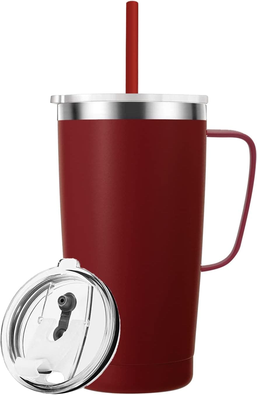 20oz Stainless Steel Tumbler with Handle.Insulated Travel Mug with Lid and Straw.Double Wall Vacuum Leak Proof Coffee Tumbler.Keeps Drinks Cold or Hot.