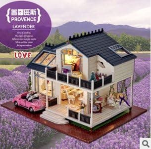 FANTASIEN Dollhouse Miniature DIY Kit with Cover Beautiful Provence House Home with Pink Car