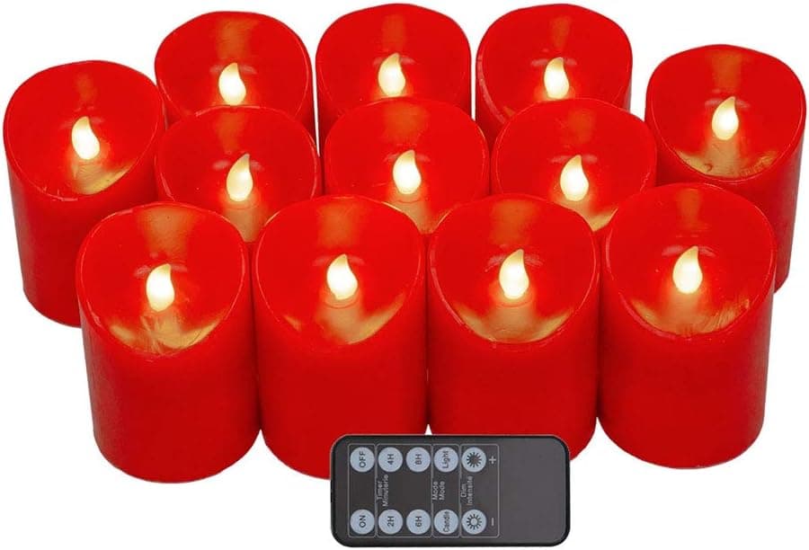 Urchoice LED Flameless Candles Realistic Flashing (D3 x H4) Set of 12, Real Wax Battery Operated Red Candles, auto-Off Timer Remote Control, for Dining Table Wedding Votive Spa Party