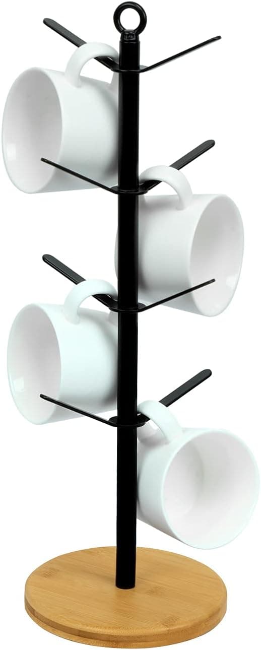 simesove Mug Tree,Mug Hanger Stand,Coffee Cup Holder with 8 Hooks,Metal Tree Shape Coffee Mug Stand,Bamboo Base for Kitchen Countertop Organizer