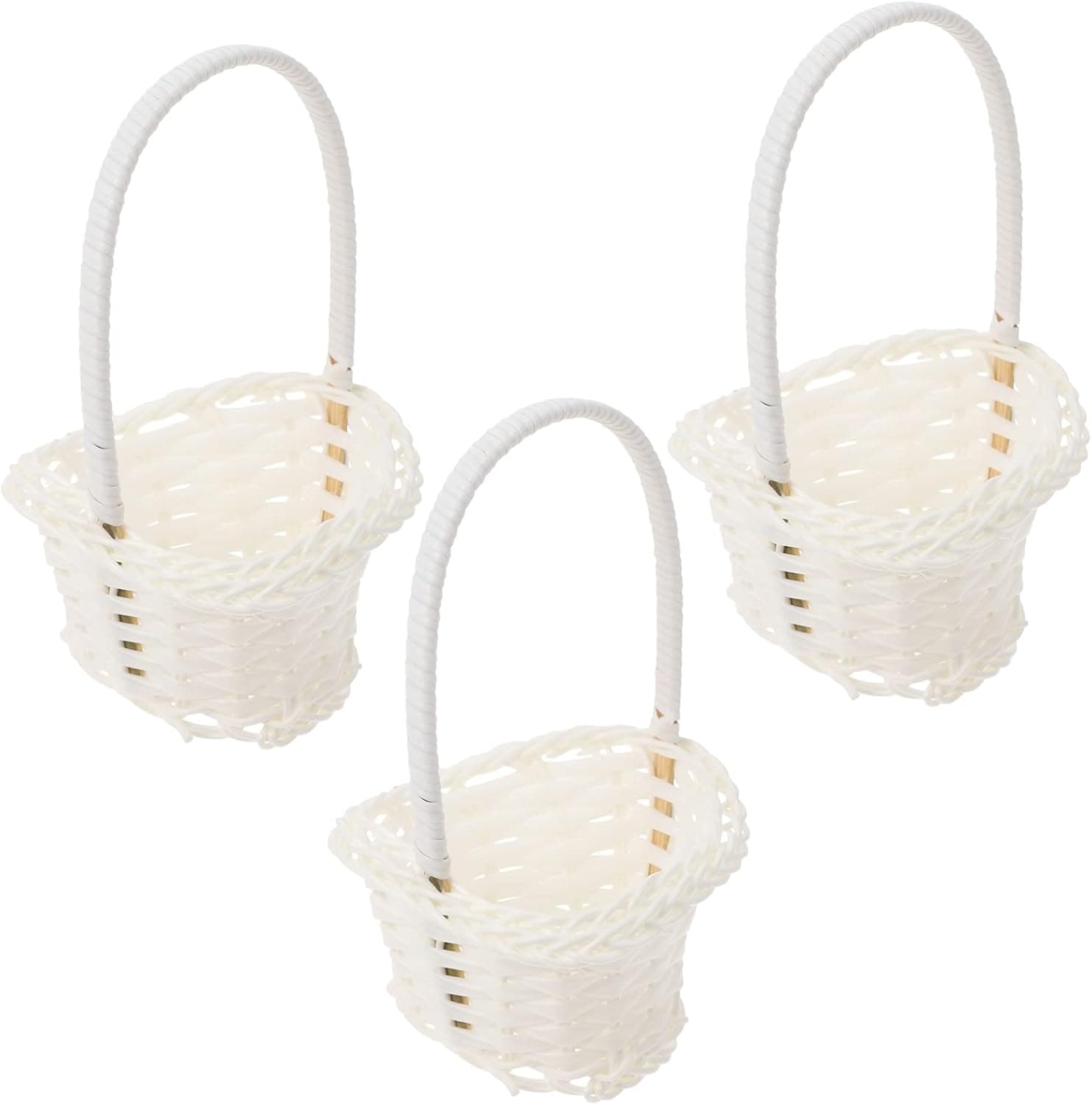 NUOBESTY 3 Pcs Flower Girl Basket with Handle Heart Shape Farmhouse Rattan Woven Storage Basket Candy Gift Basket Plant Flower Holder for Wedding Flower Arrangement White
