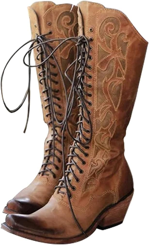 Furcross Women Block Chunky Heel Cowgirl Cowboy Western Knee High Boots Lace Up Riding Retro Snip Toe Mid Calf Boots
